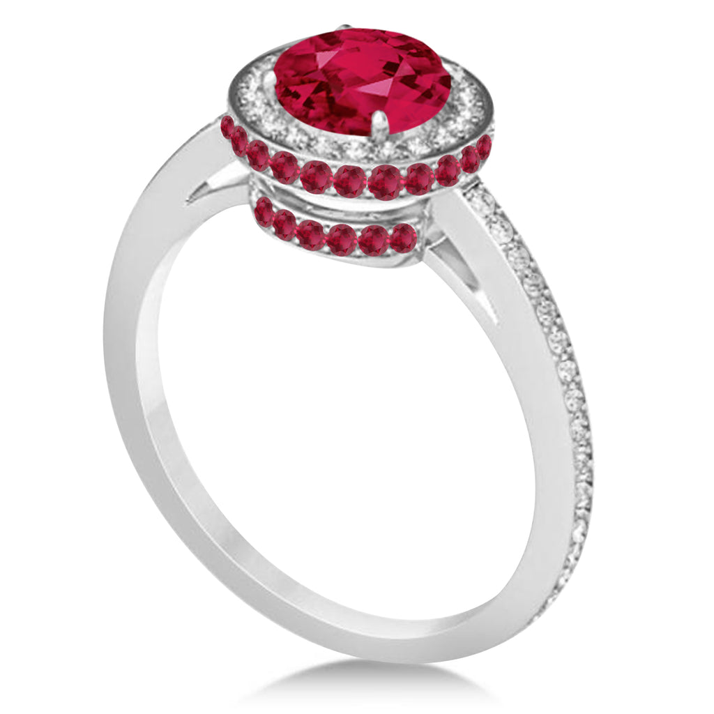 Oval Lab Ruby & Diamond Halo Engagement Ring 14k White Gold (2.00ct)