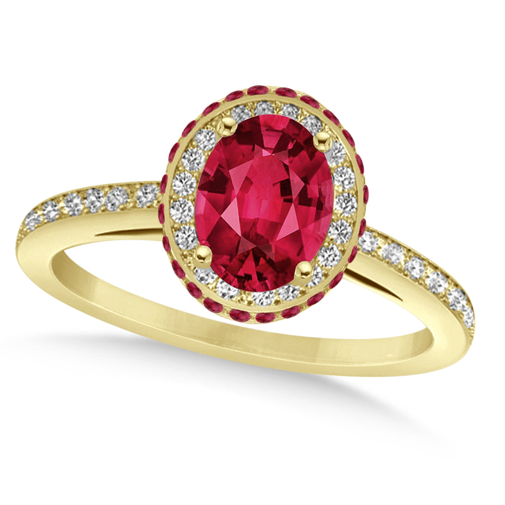 Oval Lab Ruby & Diamond Halo Engagement Ring 14k Yellow Gold (2.00ct)