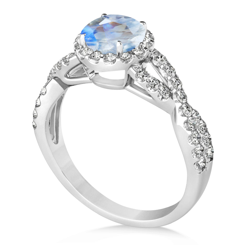 Moonstone & Diamond Twisted Engagement Ring 14k White Gold 1.27ct