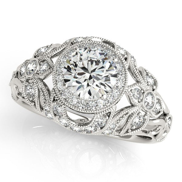 Edwardian Diamond Halo Engagement Ring Floral 18k White Gold 1.18ct