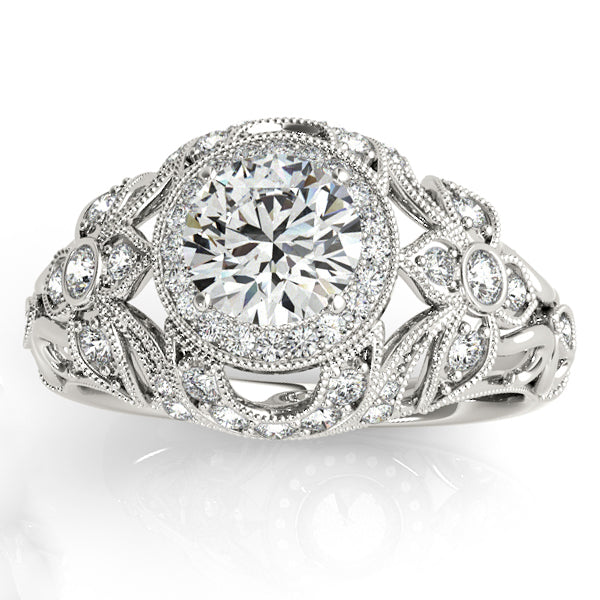 Edwardian Diamond Halo Engagement Ring Floral 14k White Gold (0.38ct)