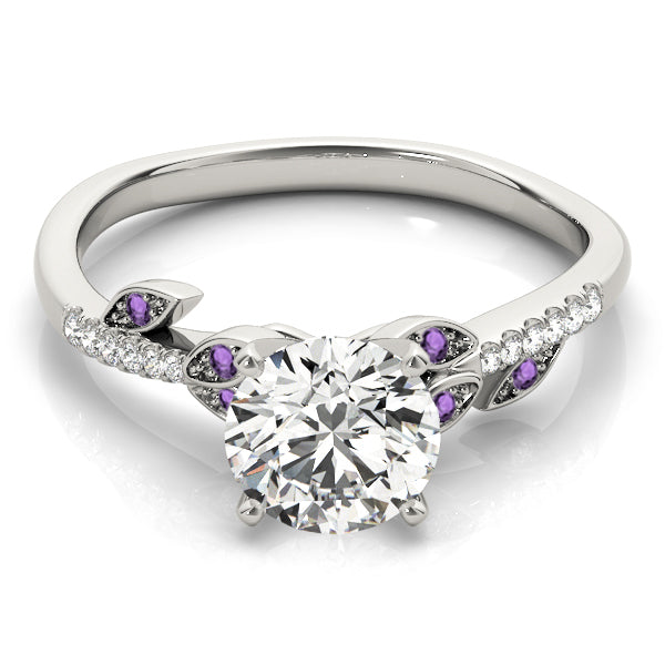 Amethyst & Diamond Vine Leaf Engagement Ring 14K White Gold (0.10ct)