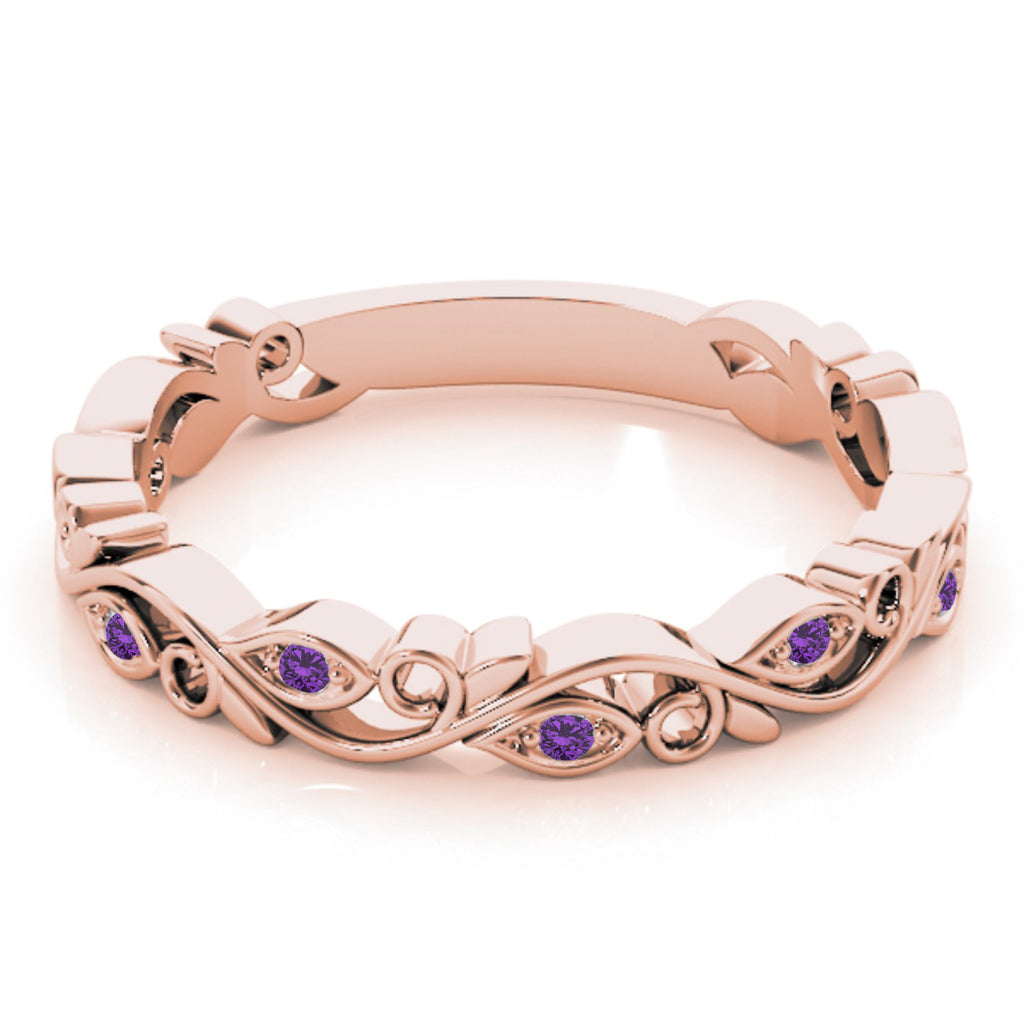 Amethyst Leaf Fashion Ring Wedding Band 14k Rose Gold (0.05ct)