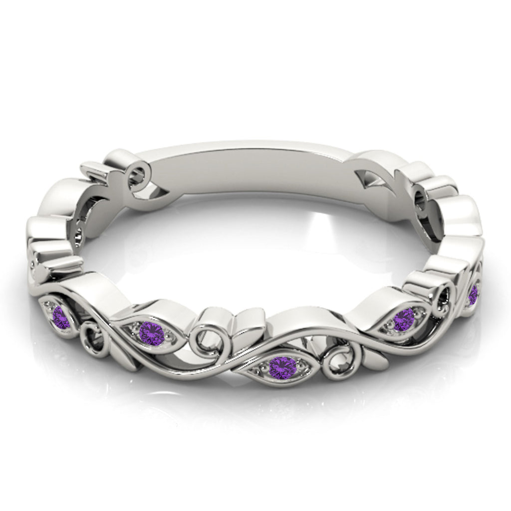Amethyst Leaf Fashion Ring Wedding Band 14k White Gold (0.05ct)