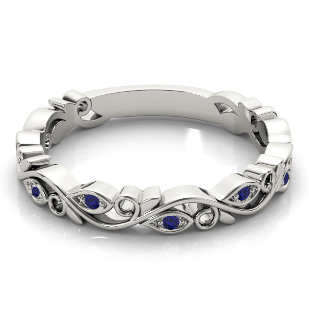 Blue Sapphire Leaf Fashion Ring Wedding Band 14k White Gold (0.05ct)