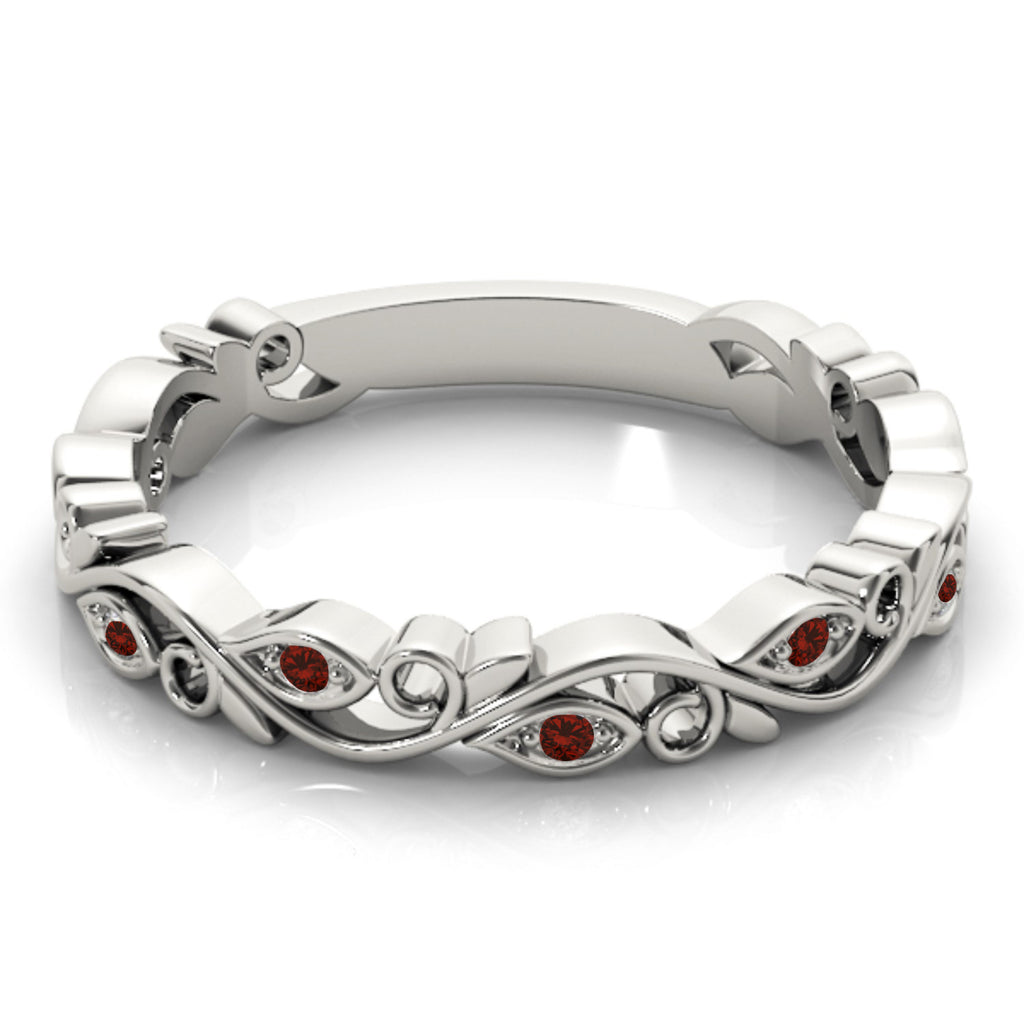 Garnet Leaf Fashion Ring Wedding Band 14k White Gold (0.05ct)