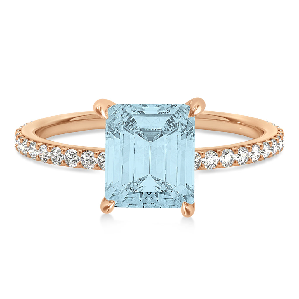Emerald Aquamarine & Diamond Hidden Halo Engagement Ring 14k Rose Gold (2.93ct)
