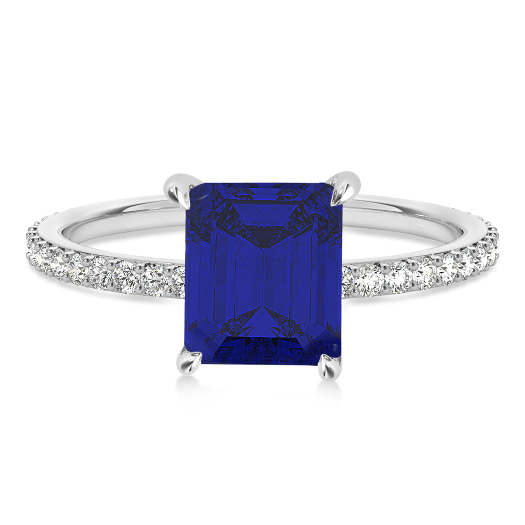 Emerald Blue Sapphire & Diamond Hidden Halo Engagement Ring 14k White Gold (2.93ct)