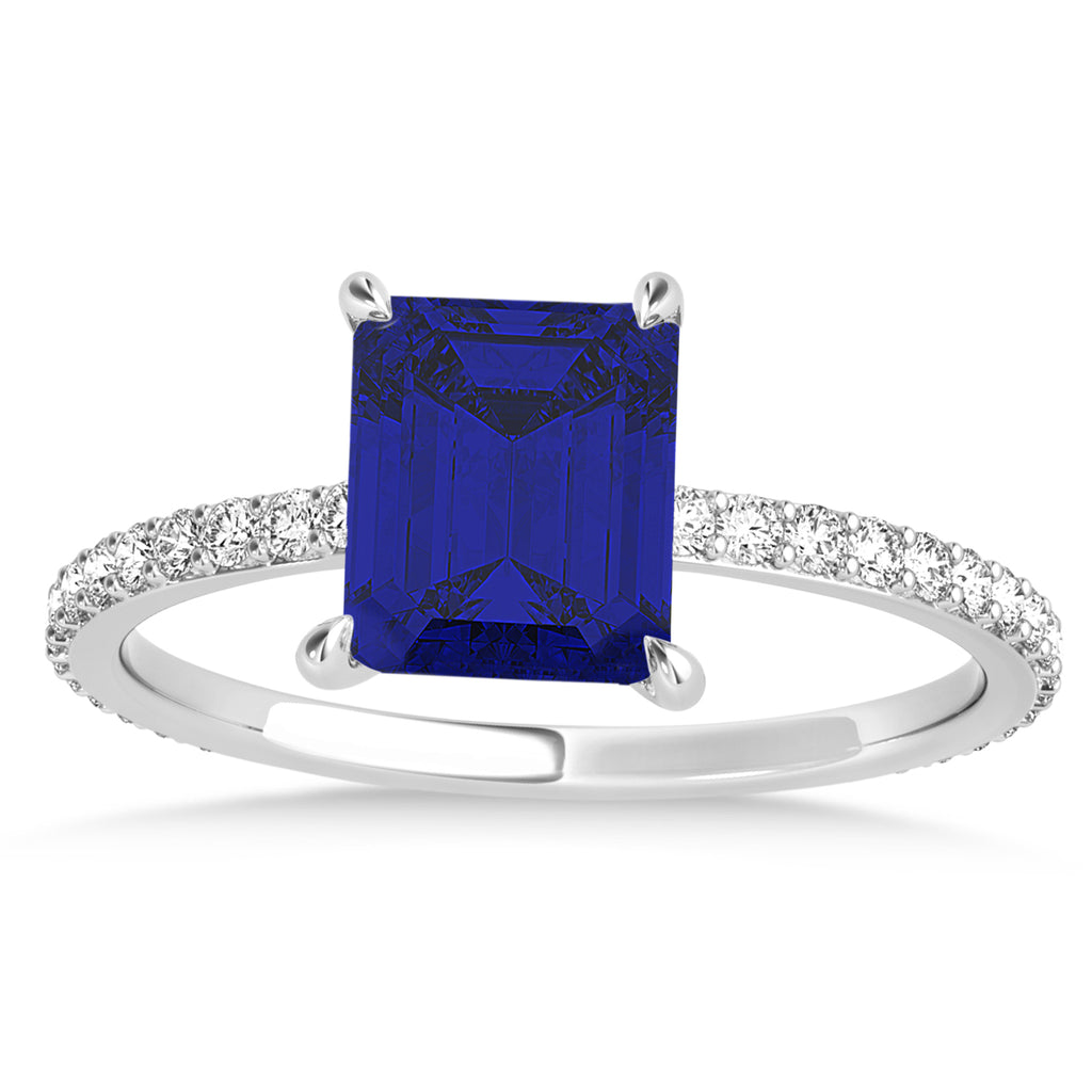Emerald Blue Sapphire & Diamond Hidden Halo Engagement Ring 14k White Gold (2.93ct)