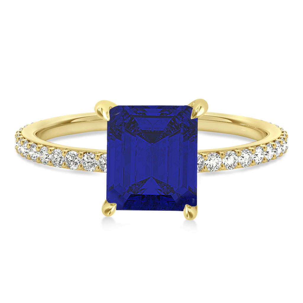 Emerald Blue Sapphire & Diamond Hidden Halo Engagement Ring 14k Yellow Gold (2.93ct)
