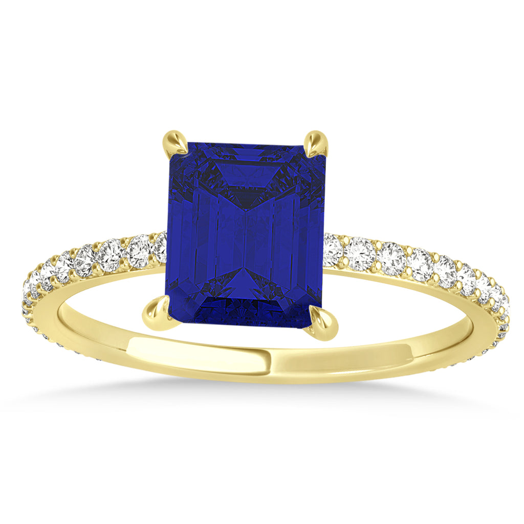 Emerald Blue Sapphire & Diamond Hidden Halo Engagement Ring 14k Yellow Gold (2.93ct)