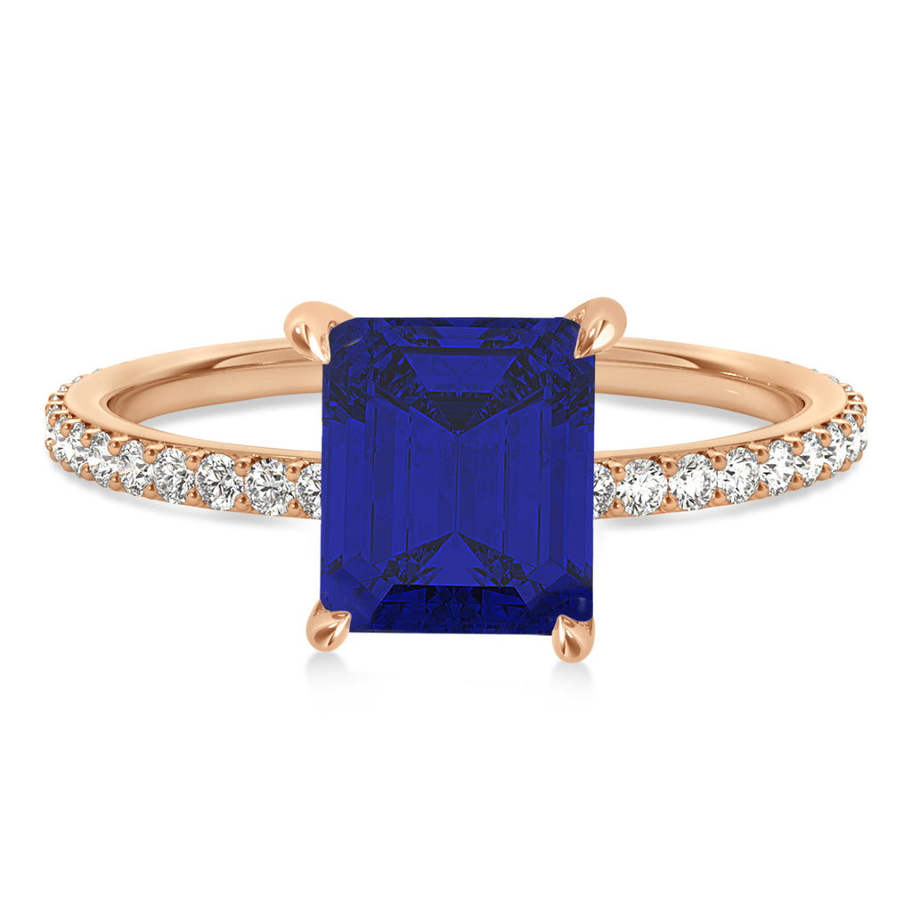 Emerald Blue Sapphire & Diamond Hidden Halo Engagement Ring 18k Rose Gold (2.93ct)