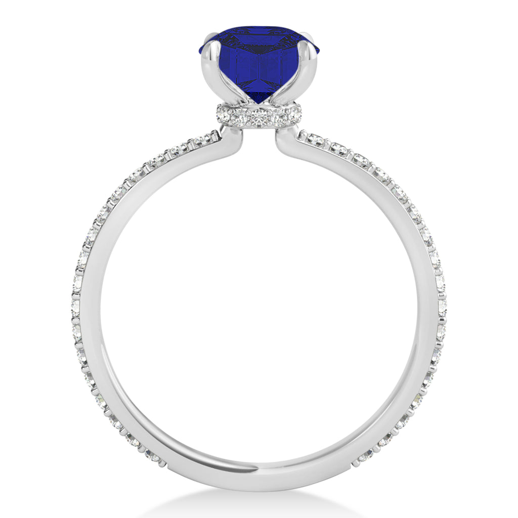Emerald Blue Sapphire & Diamond Hidden Halo Engagement Ring 18k White Gold (2.93ct)