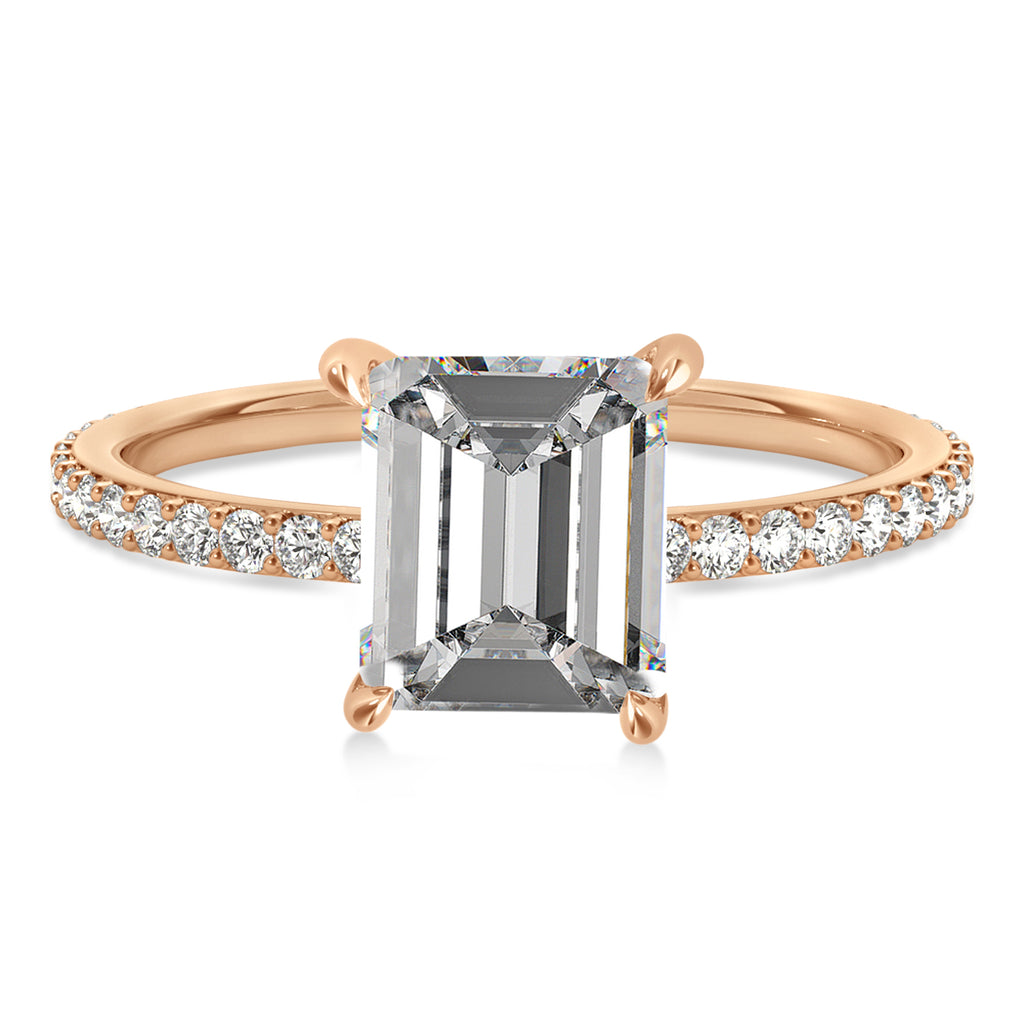 Emerald Moissanite & Diamond Hidden Halo Engagement Ring 14k Rose Gold (2.93ct)