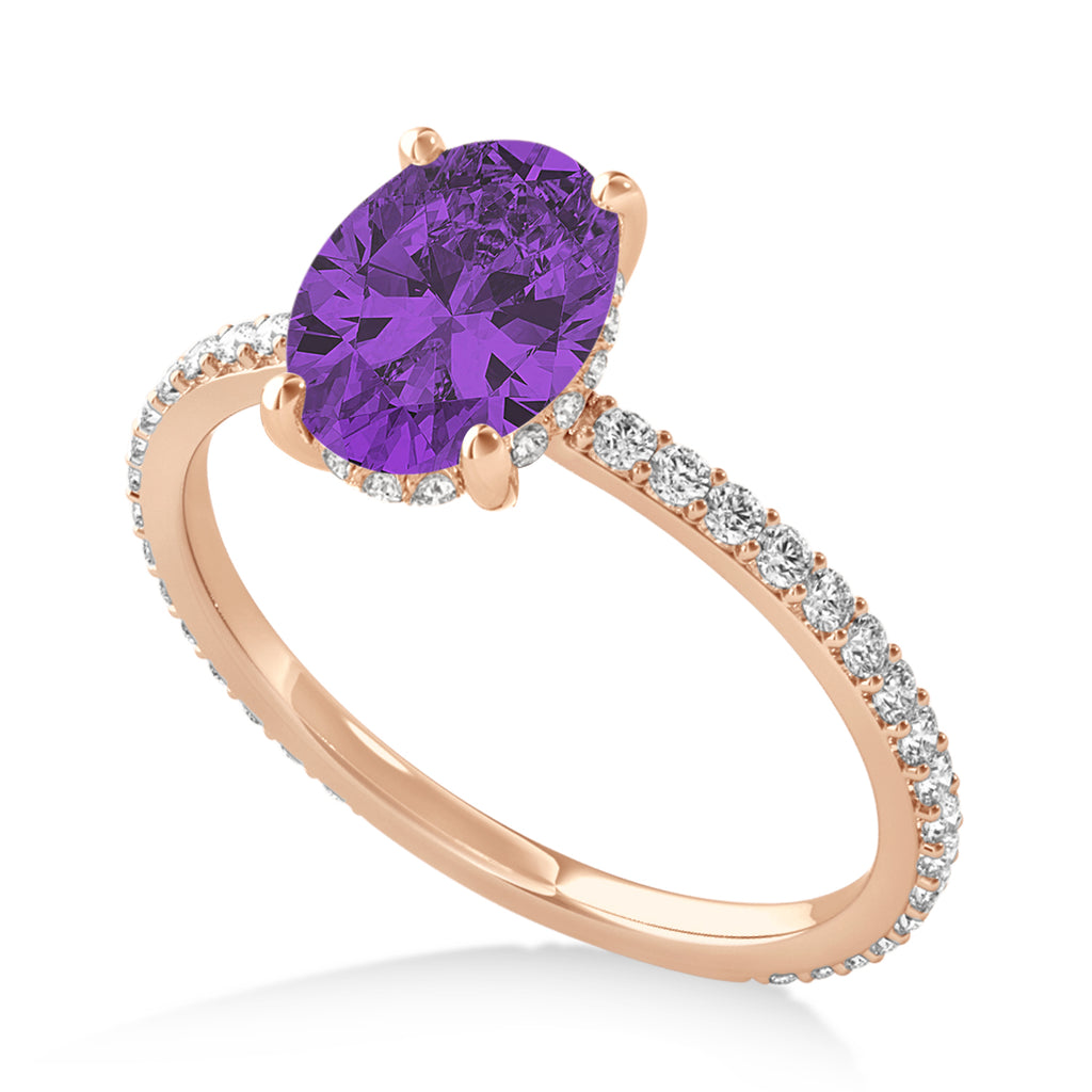 Oval Amethyst & Diamond Hidden Halo Engagement Ring 14k Rose Gold (0.76ct)