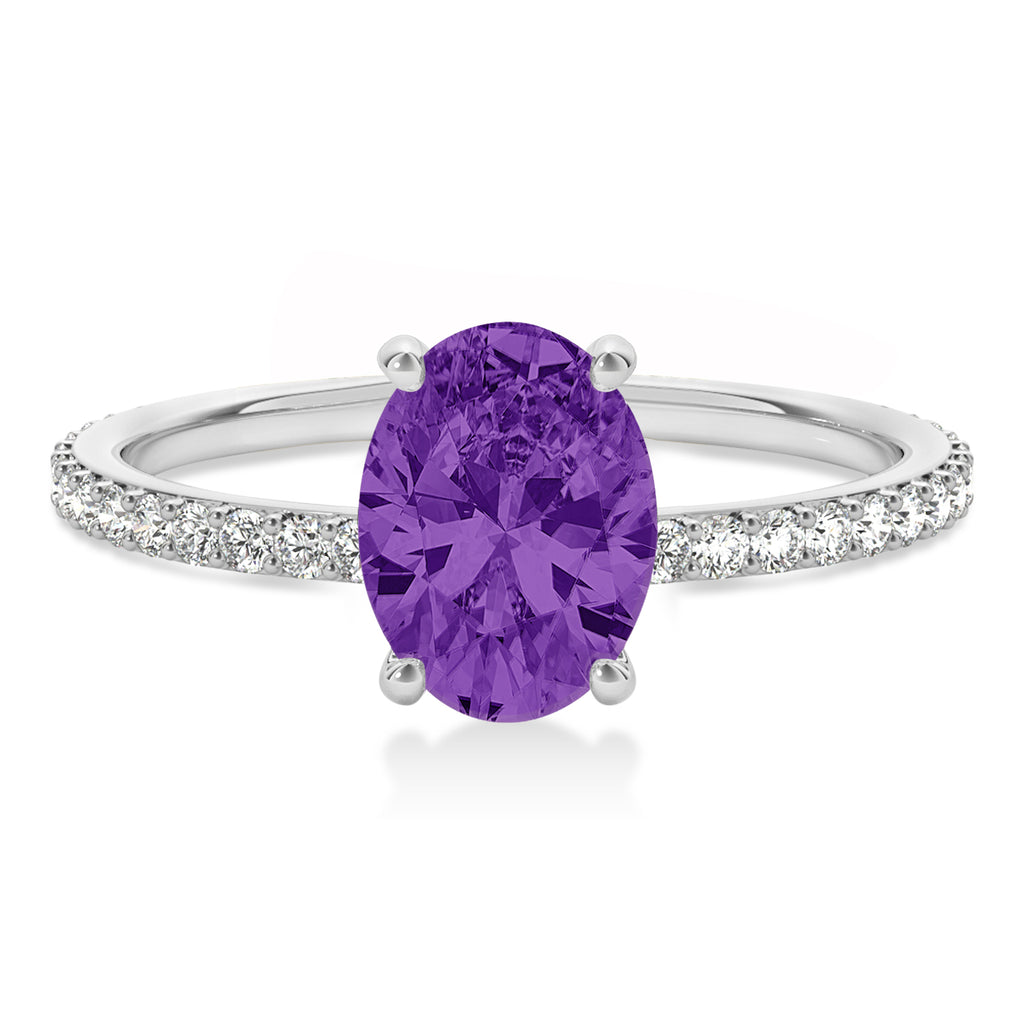 Oval Amethyst & Diamond Hidden Halo Engagement Ring 14k White Gold (0.76ct)