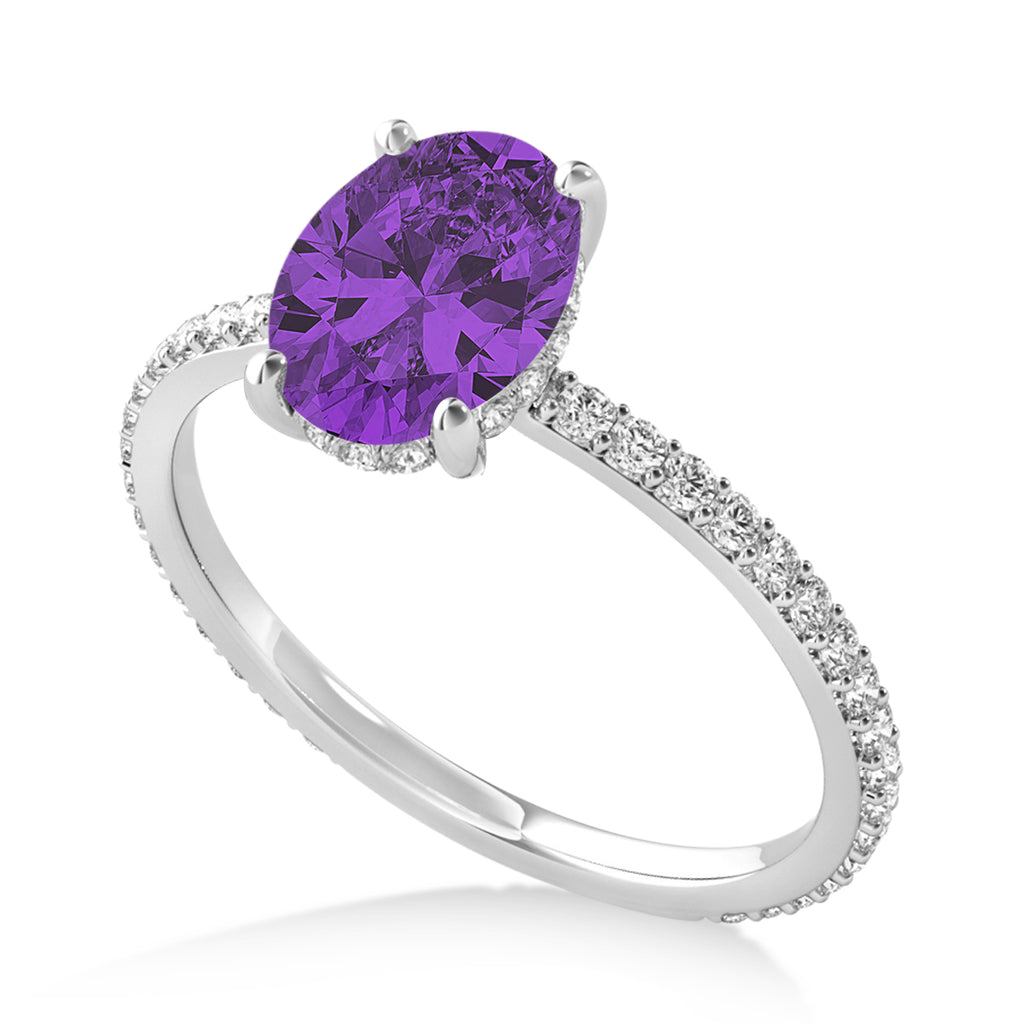 Oval Amethyst & Diamond Hidden Halo Engagement Ring 14k White Gold (0.76ct)