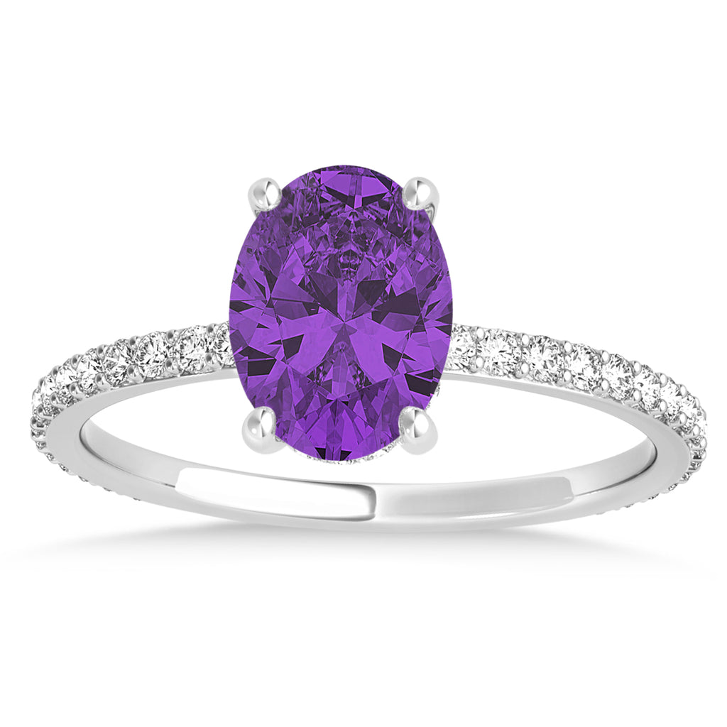 Oval Amethyst & Diamond Hidden Halo Engagement Ring 14k White Gold (0.76ct)