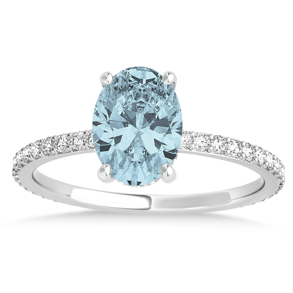 Oval Aquamarine & Diamond Hidden Halo Engagement Ring 14k White Gold (0.76ct)
