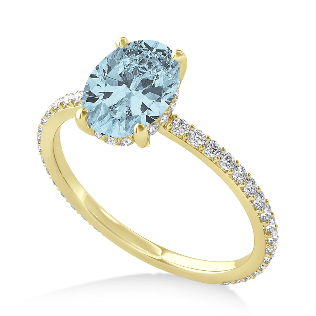 Oval Aquamarine & Diamond Hidden Halo Engagement Ring 14k Yellow Gold (0.76ct)