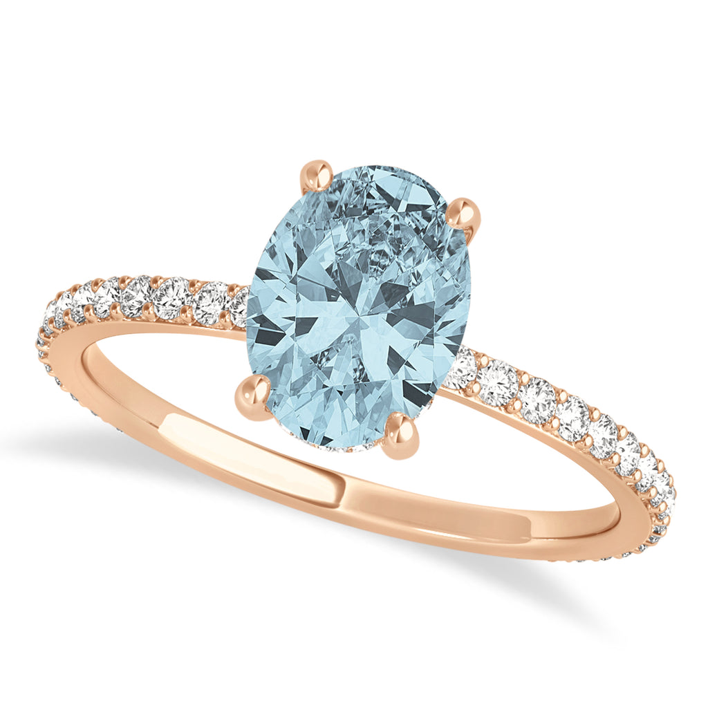Oval Aquamarine & Diamond Hidden Halo Engagement Ring 18k Rose Gold (0.76ct)
