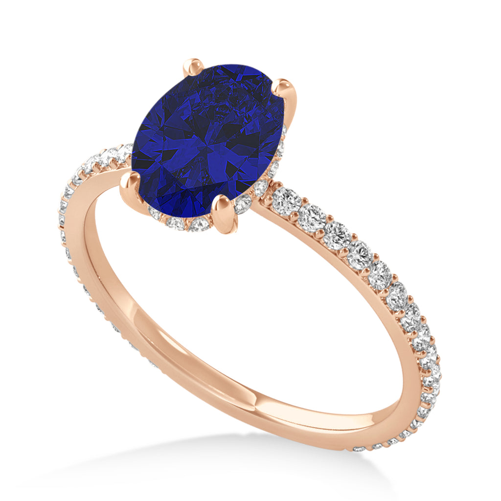Oval Blue Sapphire & Diamond Hidden Halo Engagement Ring 14k Rose Gold (0.76ct)