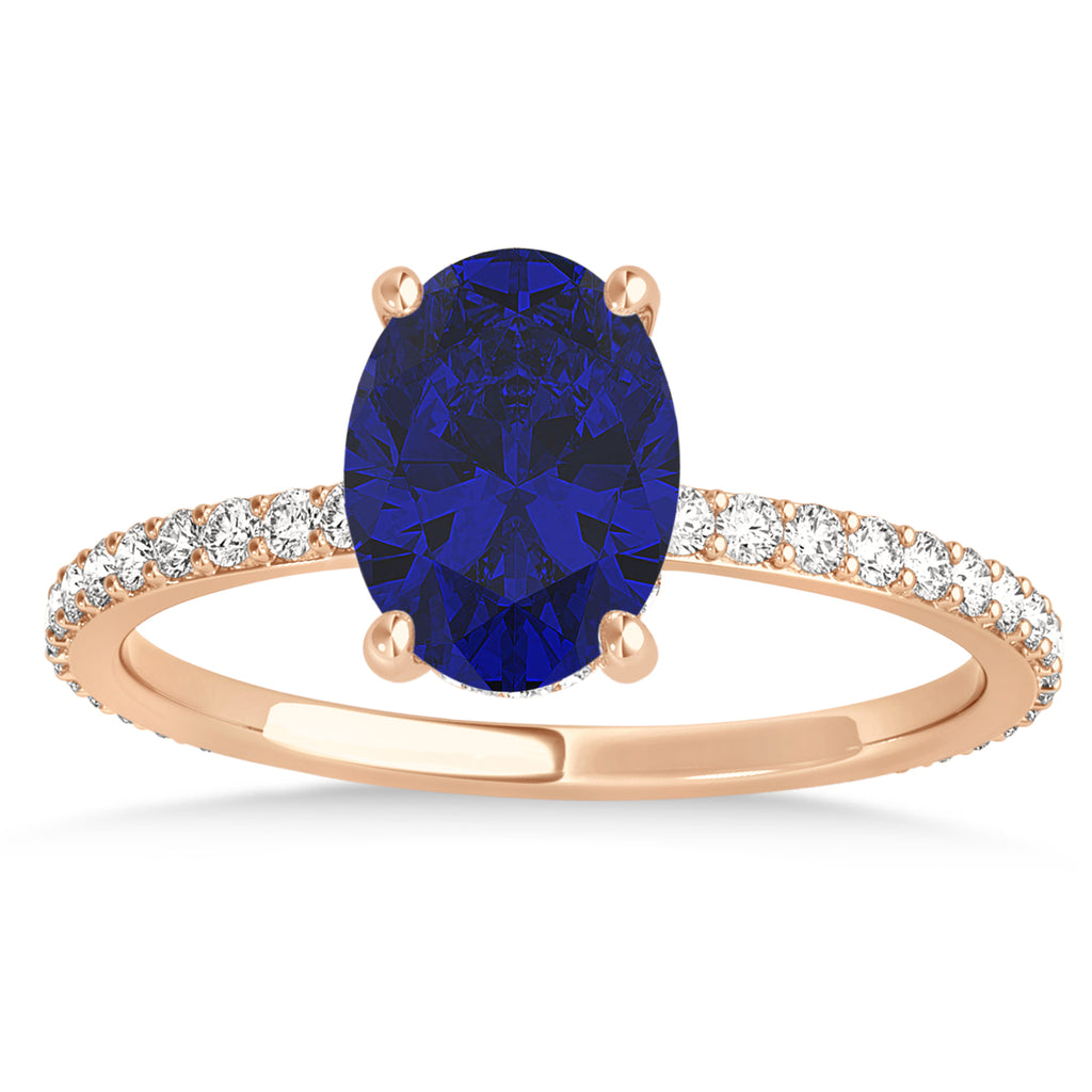 Oval Blue Sapphire & Diamond Hidden Halo Engagement Ring 14k Rose Gold (0.76ct)