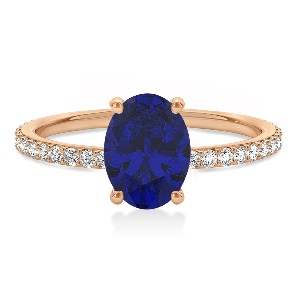Oval Blue Sapphire & Diamond Hidden Halo Engagement Ring 18k Rose Gold (0.76ct)
