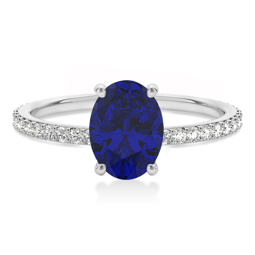 Oval Blue Sapphire & Diamond Hidden Halo Engagement Ring 18k White Gold (0.76ct)