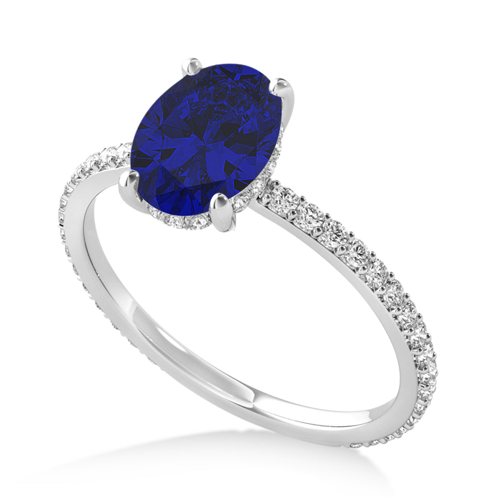 Oval Blue Sapphire & Diamond Hidden Halo Engagement Ring 18k White Gold (0.76ct)