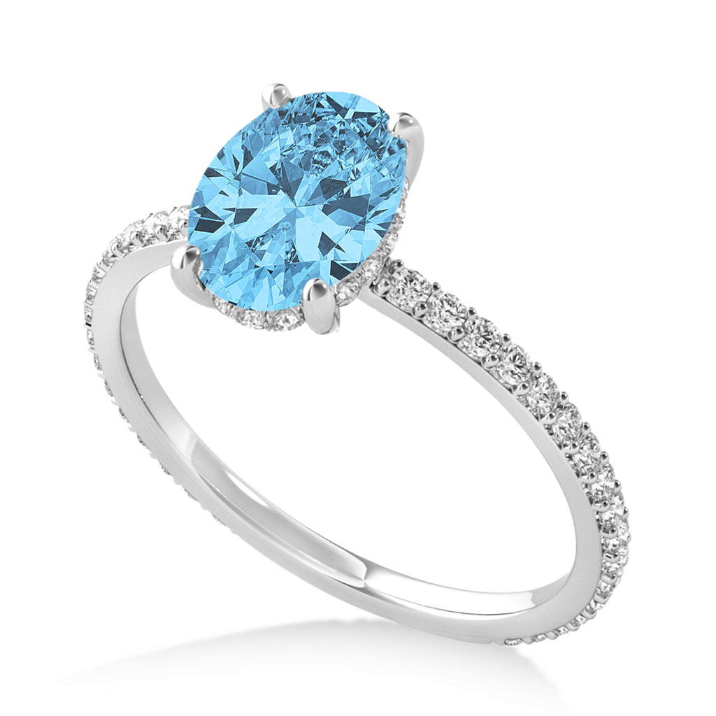 Oval Blue Topaz & Diamond Hidden Halo Engagement Ring 14k White Gold (0.76ct)