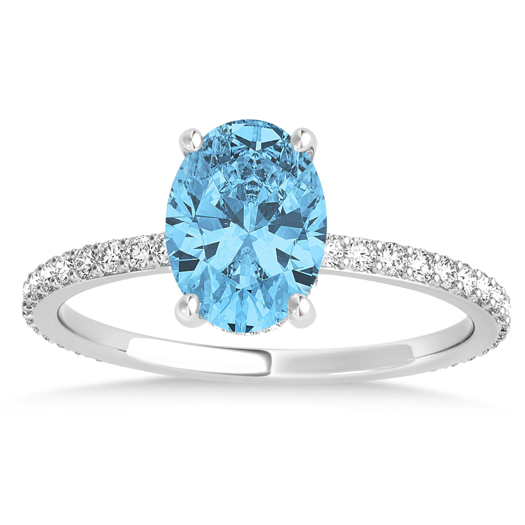 Oval Blue Topaz & Diamond Hidden Halo Engagement Ring 14k White Gold (0.76ct)