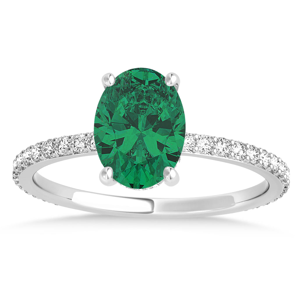 Oval Emerald & Diamond Hidden Halo Engagement Ring 14k White Gold (0.76ct)