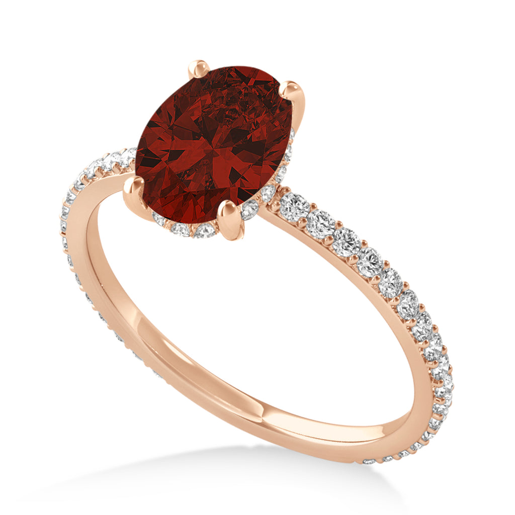 Oval Garnet & Diamond Hidden Halo Engagement Ring 14k Rose Gold (0.76ct)
