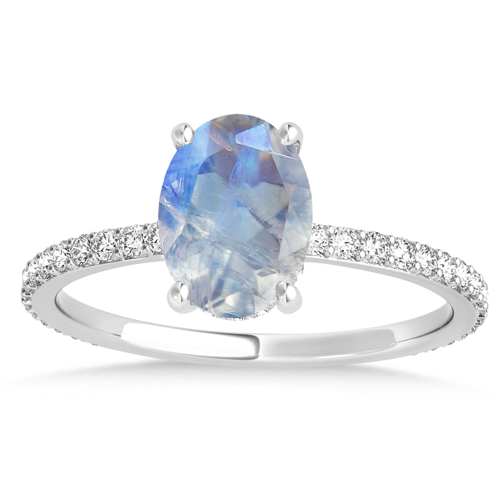 Oval Moonstone & Diamond Hidden Halo Engagement Ring 14k White Gold (0.76ct)