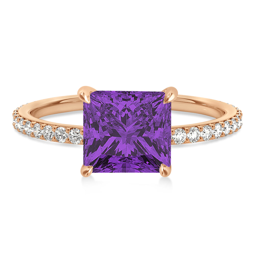 Princess Amethyst & Diamond Hidden Halo Engagement Ring 14k Rose Gold (0.89ct)