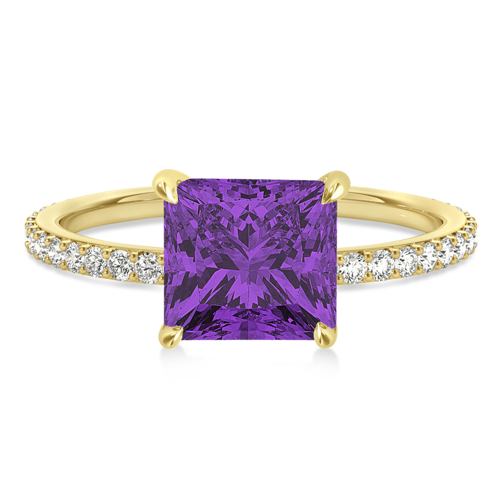 Princess Amethyst & Diamond Hidden Halo Engagement Ring 18k Yellow Gold (0.89ct)