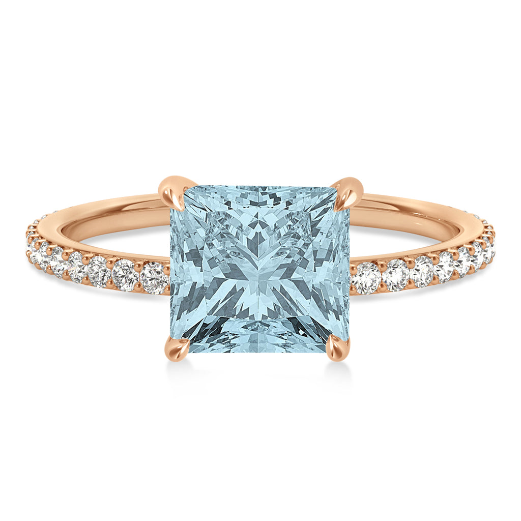 Princess Aquamarine & Diamond Hidden Halo Engagement Ring 14k Rose Gold (0.89ct)