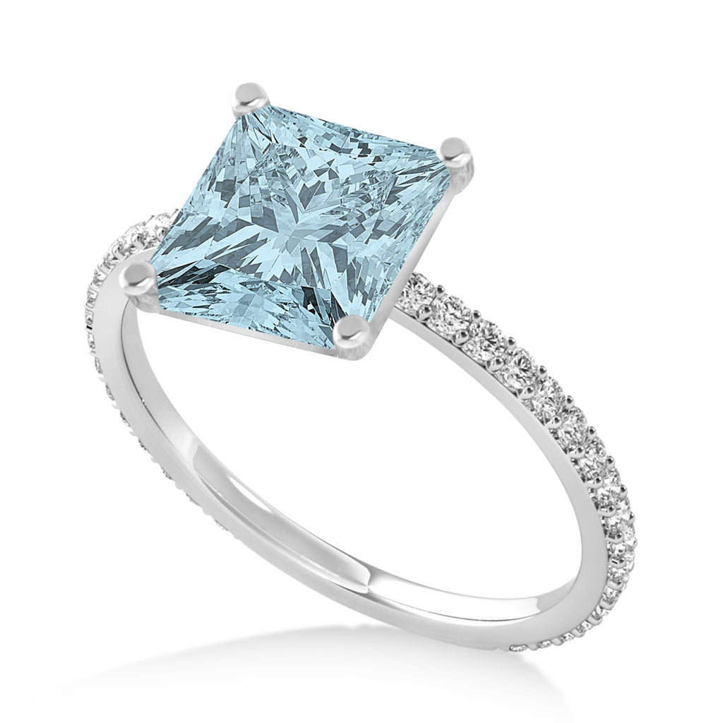 Princess Aquamarine & Diamond Hidden Halo Engagement Ring 14k White Gold (0.89ct)