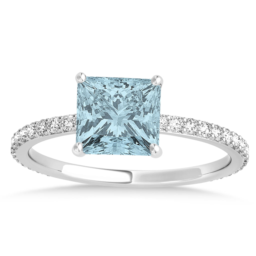 Princess Aquamarine & Diamond Hidden Halo Engagement Ring 14k White Gold (0.89ct)