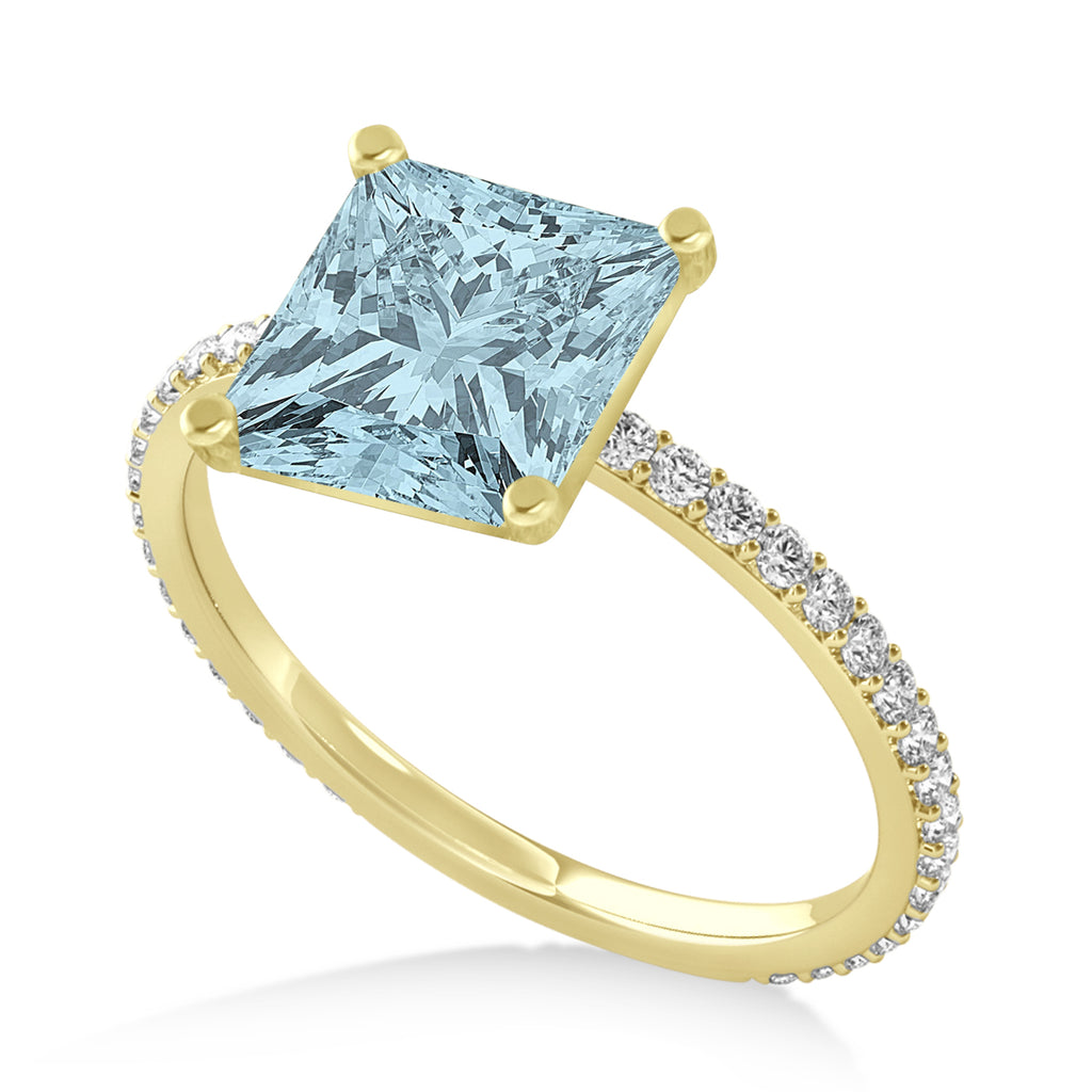 Princess Aquamarine & Diamond Hidden Halo Engagement Ring 18k Yellow Gold (0.89ct)