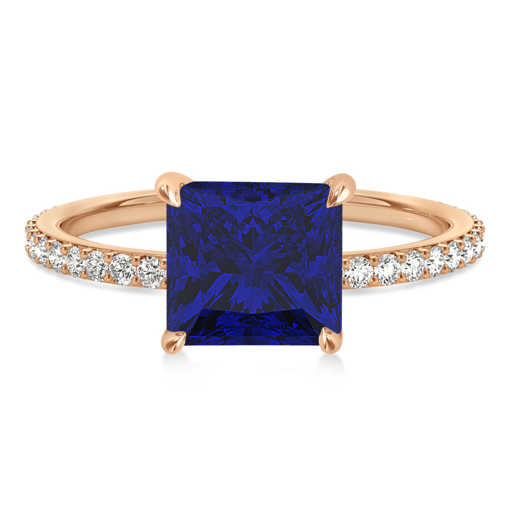 Princess Blue Sapphire & Diamond Hidden Halo Engagement Ring 18k Rose Gold (0.89ct)