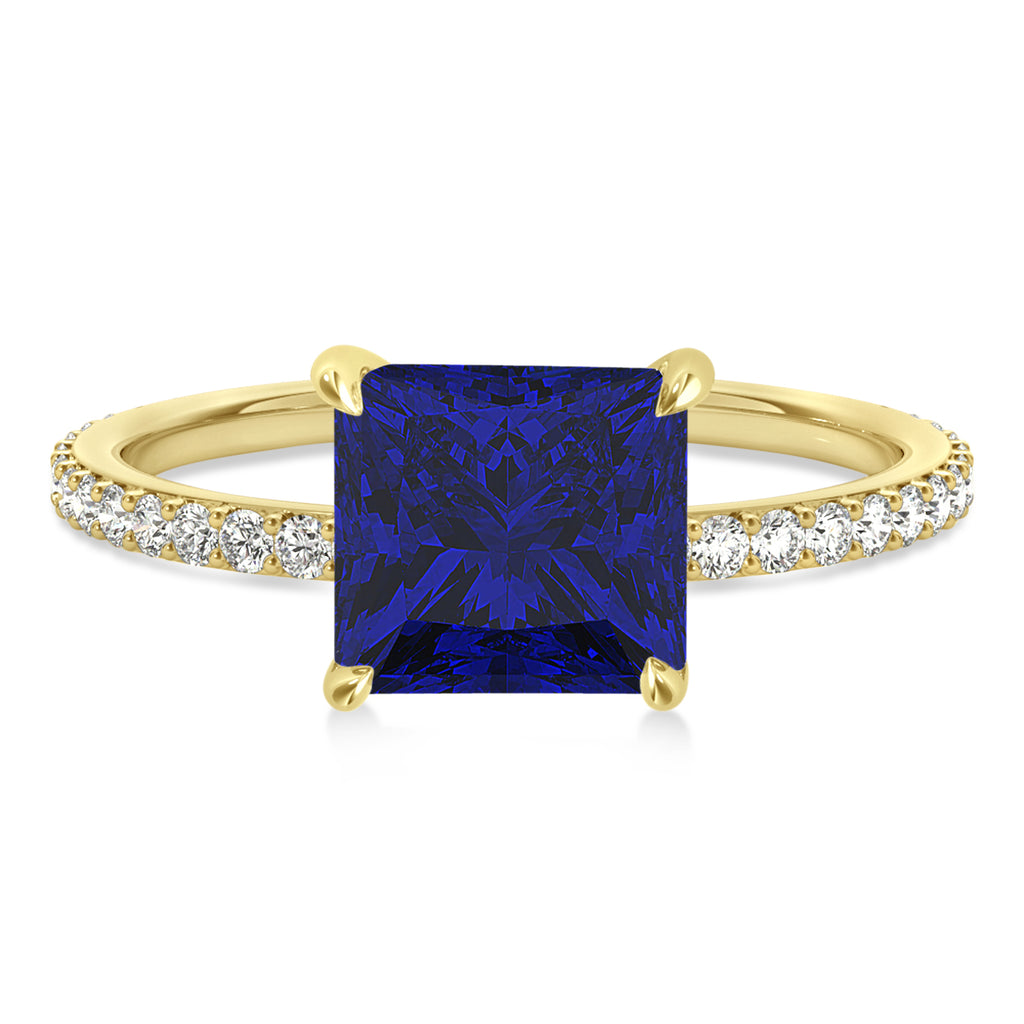 Princess Blue Sapphire & Diamond Hidden Halo Engagement Ring 18k Yellow Gold (0.89ct)