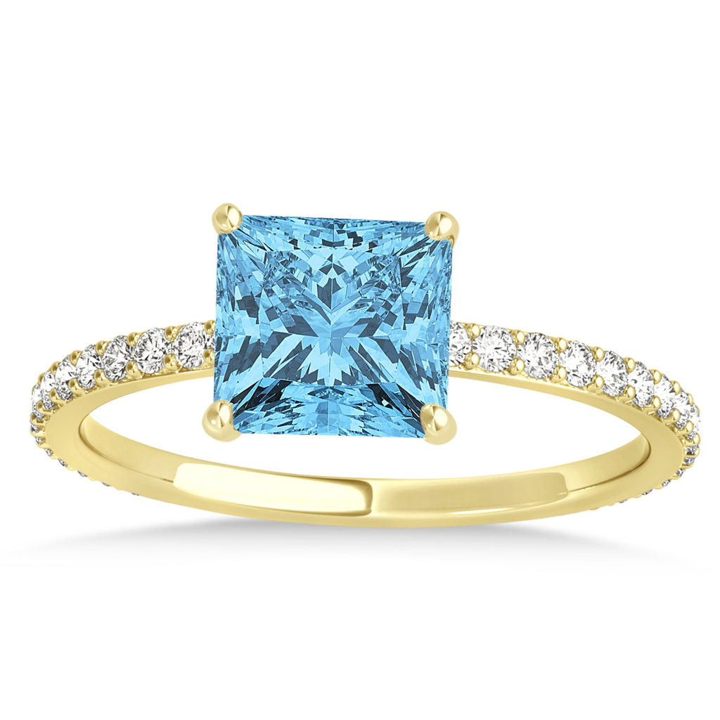 Princess Blue Topaz & Diamond Hidden Halo Engagement Ring 18k Yellow Gold (0.89ct)