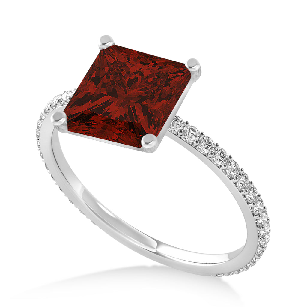 Princess Garnet & Diamond Hidden Halo Engagement Ring 14k White Gold (0.89ct)