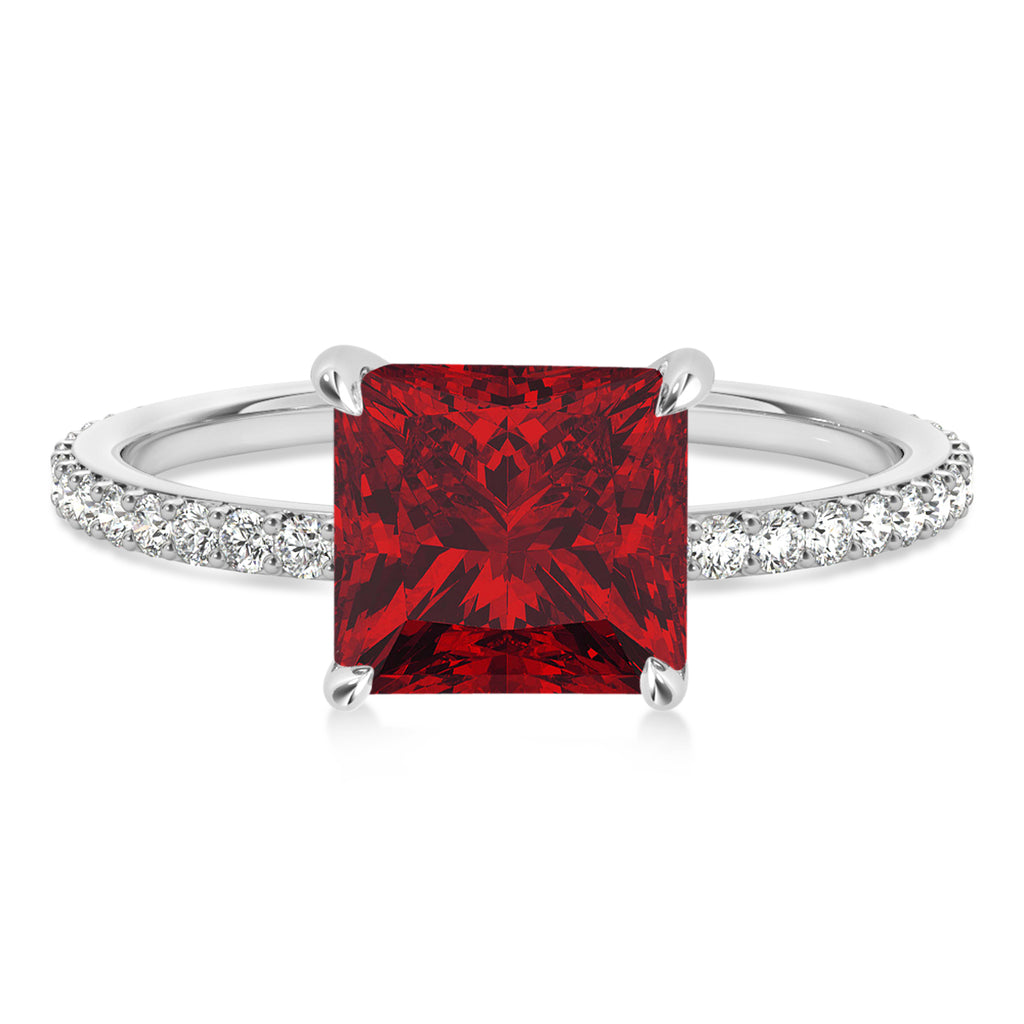 Princess Ruby & Diamond Hidden Halo Engagement Ring 18k White Gold (0.89ct)