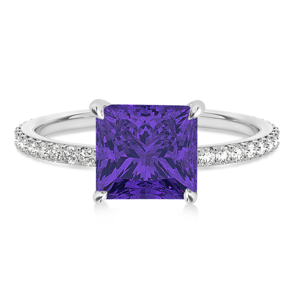 Princess Tanzanite & Diamond Hidden Halo Engagement Ring 14k White Gold (0.89ct)