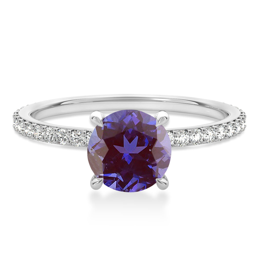 Round Alexandrite & Diamond Hidden Halo Engagement Ring 18k White Gold (1.68ct)
