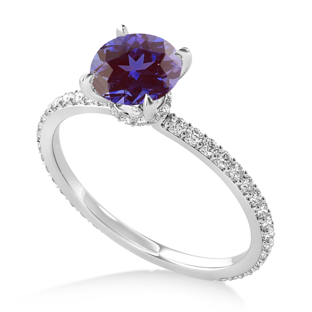 Round Alexandrite & Diamond Hidden Halo Engagement Ring 18k White Gold (1.68ct)