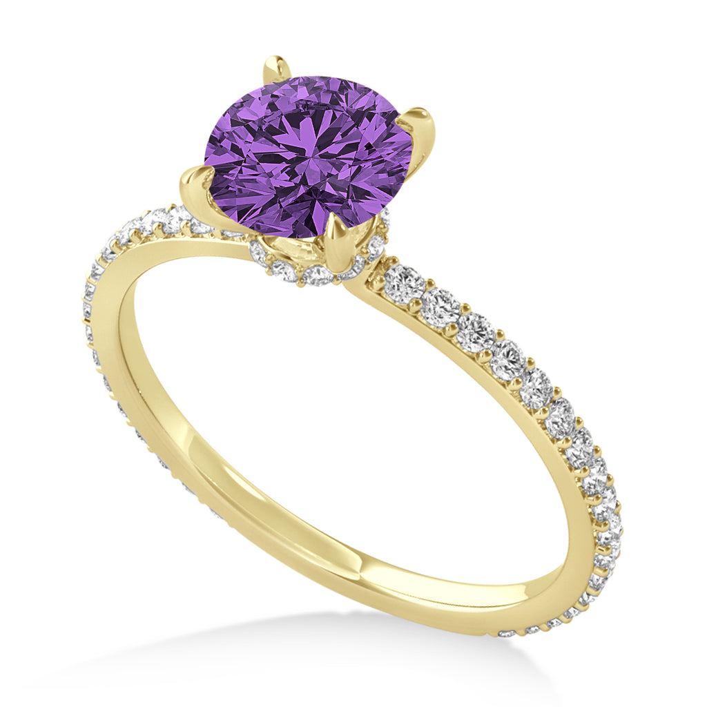 Round Amethyst & Diamond Hidden Halo Engagement Ring 18k Yellow Gold (1.68ct)